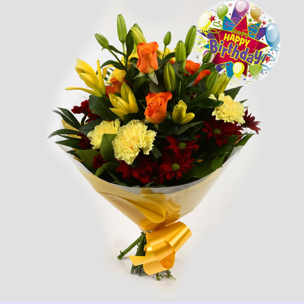 Happy Birthday Balloon & Redsunshine Flowers£19.99