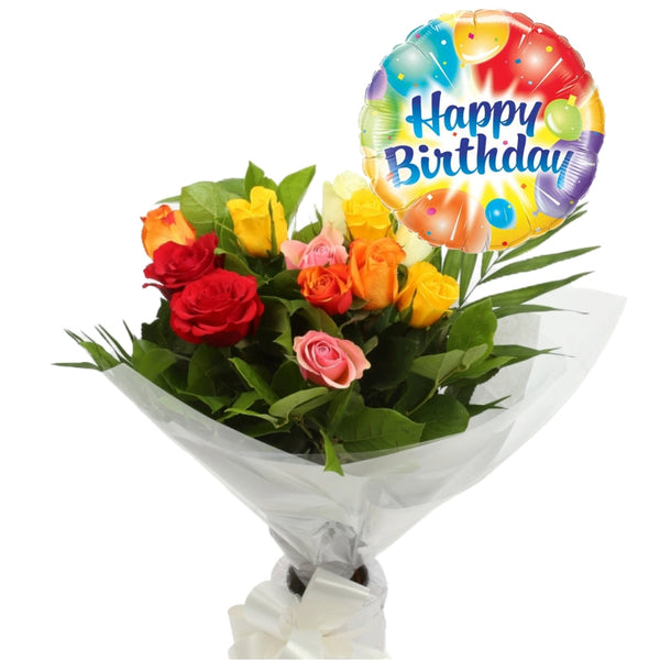 Birthday Balloon & 12 Multicolour Roses Flowers£19.99