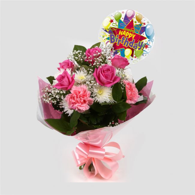 Birthday Balloon & Strawberry Pink Blush Flowers£19.99