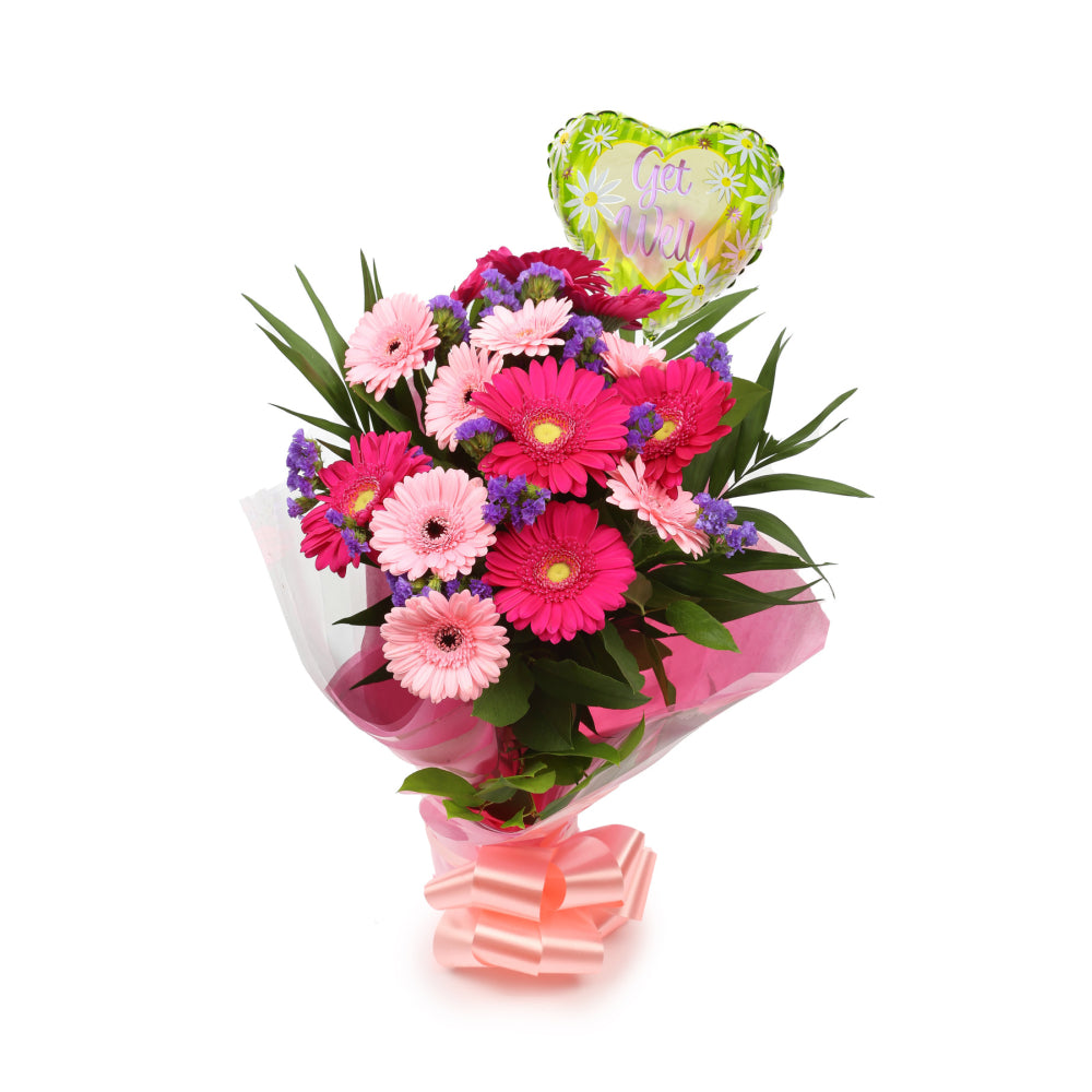 Get Well Balloon & Gerbera Blush Flowers£19.99