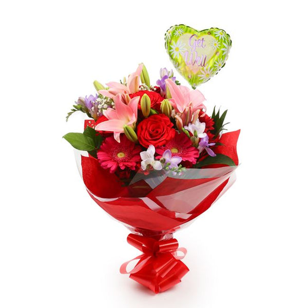 Get Well Balloon & Red & Pink Delight Flowers£19.99