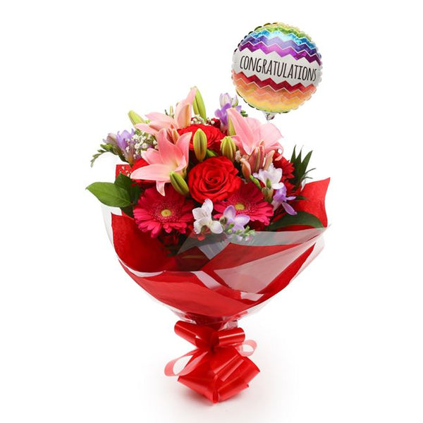 Congratulations Balloon & Red & Pink Delight Flowers£19.99