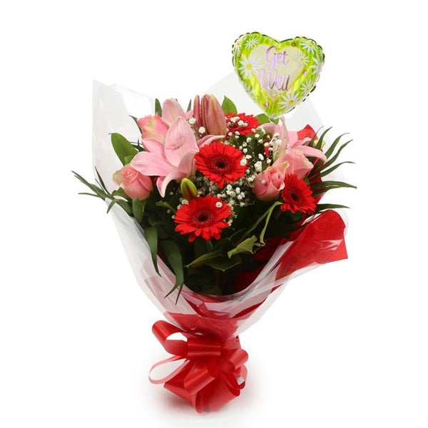 Get Well Balloon & Pink Red Deluxe Flowers£19.99