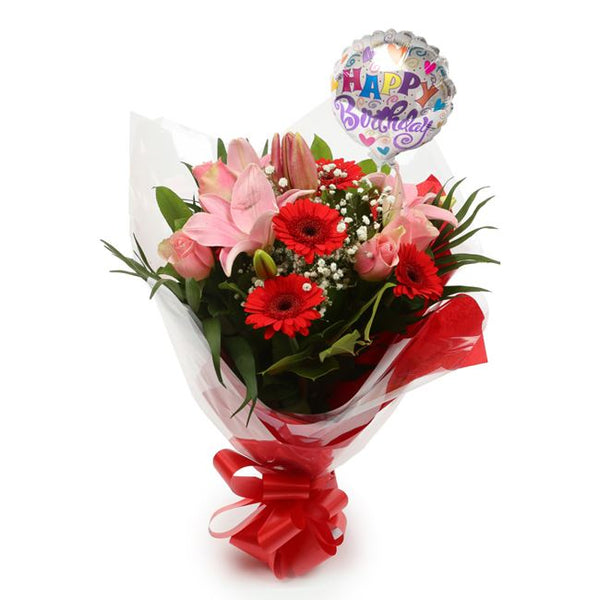 Birthday Balloon & Pink Red Deluxe Flowers£19.99
