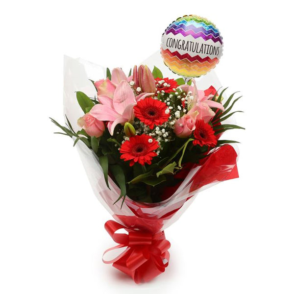 Congratulations Balloon & Pink Red Deluxe Flowers£19.99