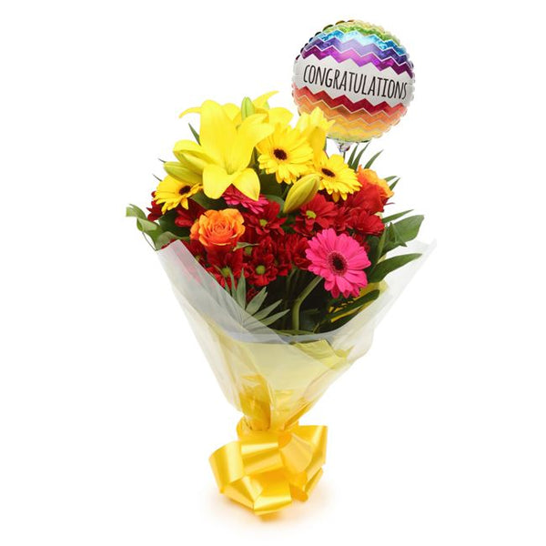 Congratulations Balloon & Warm Sunset Flowers£19.99