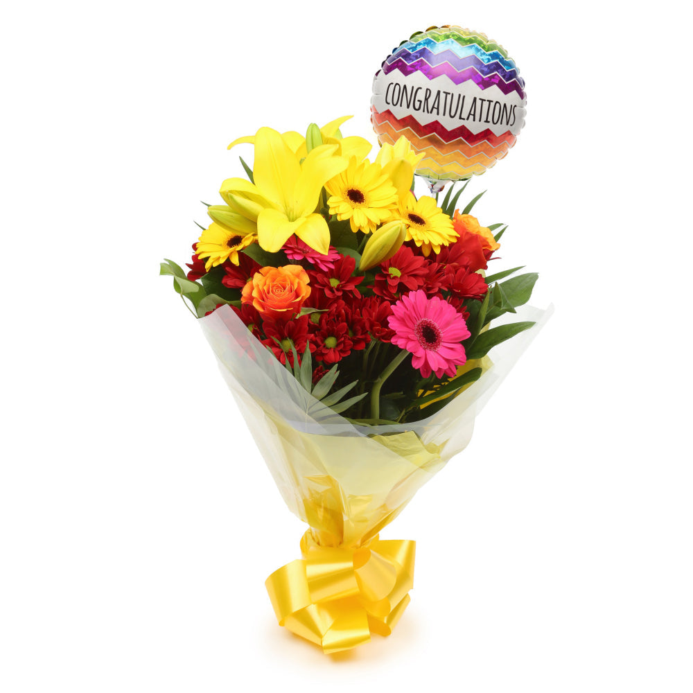 Congratulations Balloon & Warm Sunset Flowers£19.99