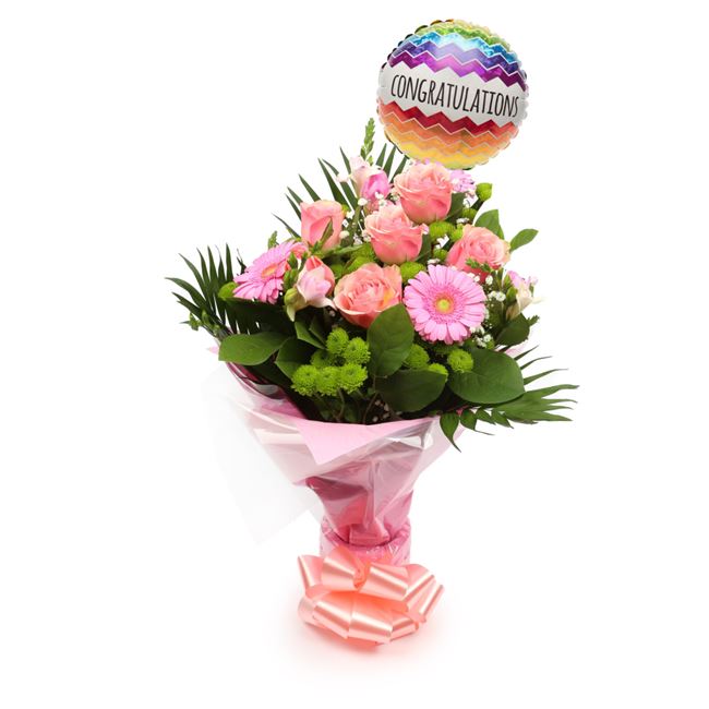 Congratulations Balloon & Cherished Pink Flowers£19.99