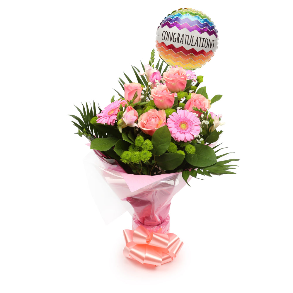 Congratulations Balloon & Cherished Pink Flowers£19.99
