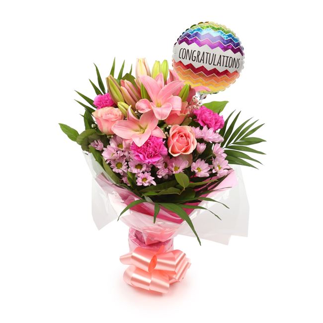 Congratulations Balloon & Pink Candy Flowers£19.99