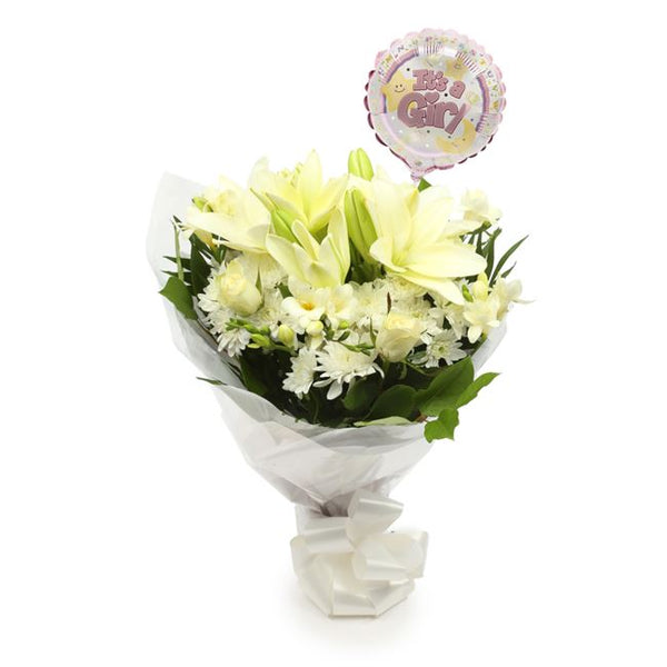Its A Girl Balloon & White Elegance Flowers£19.99