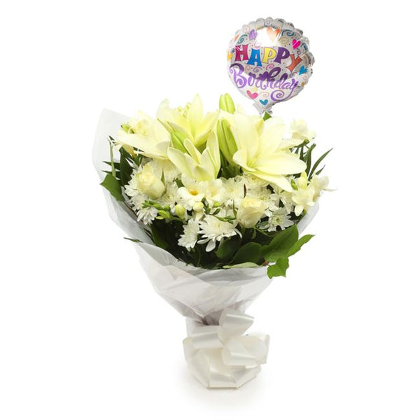 Birthday Balloon & White Elegance Flowers£19.99
