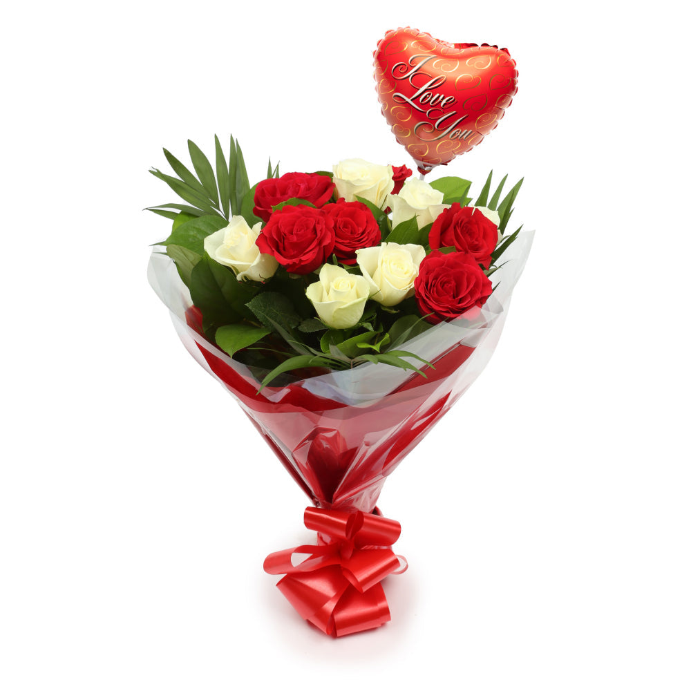 Love You Balloon & 12 Red & White Roses£19.99