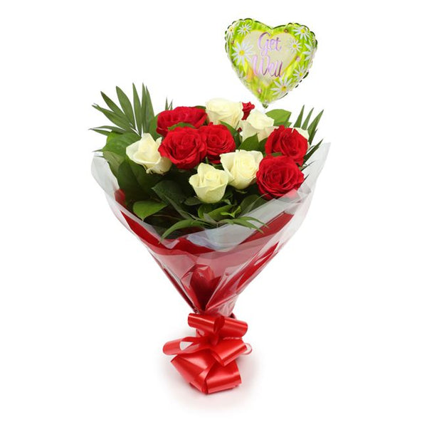 Get Well Balloon & 12 Red & White Roses£19.99