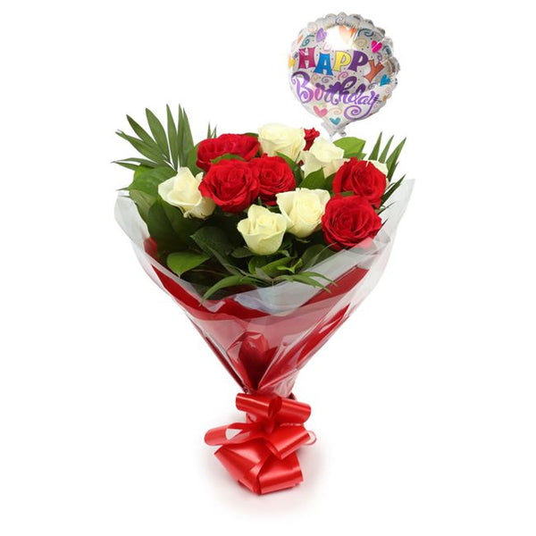 Birthday Balloon & 12 Red & White Roses Flowers£19.99