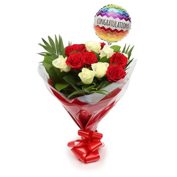 Congratulations Balloon & 12 Red & White Roses£19.99