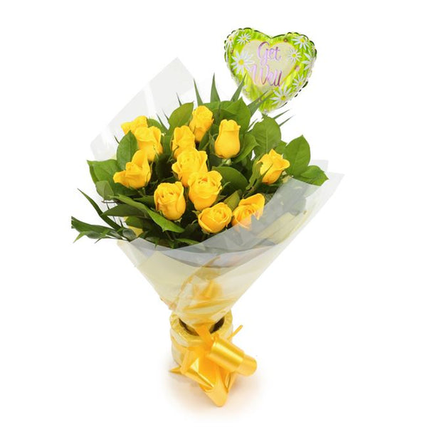 Get Well Balloon & 12 Yellow Roses£19.99