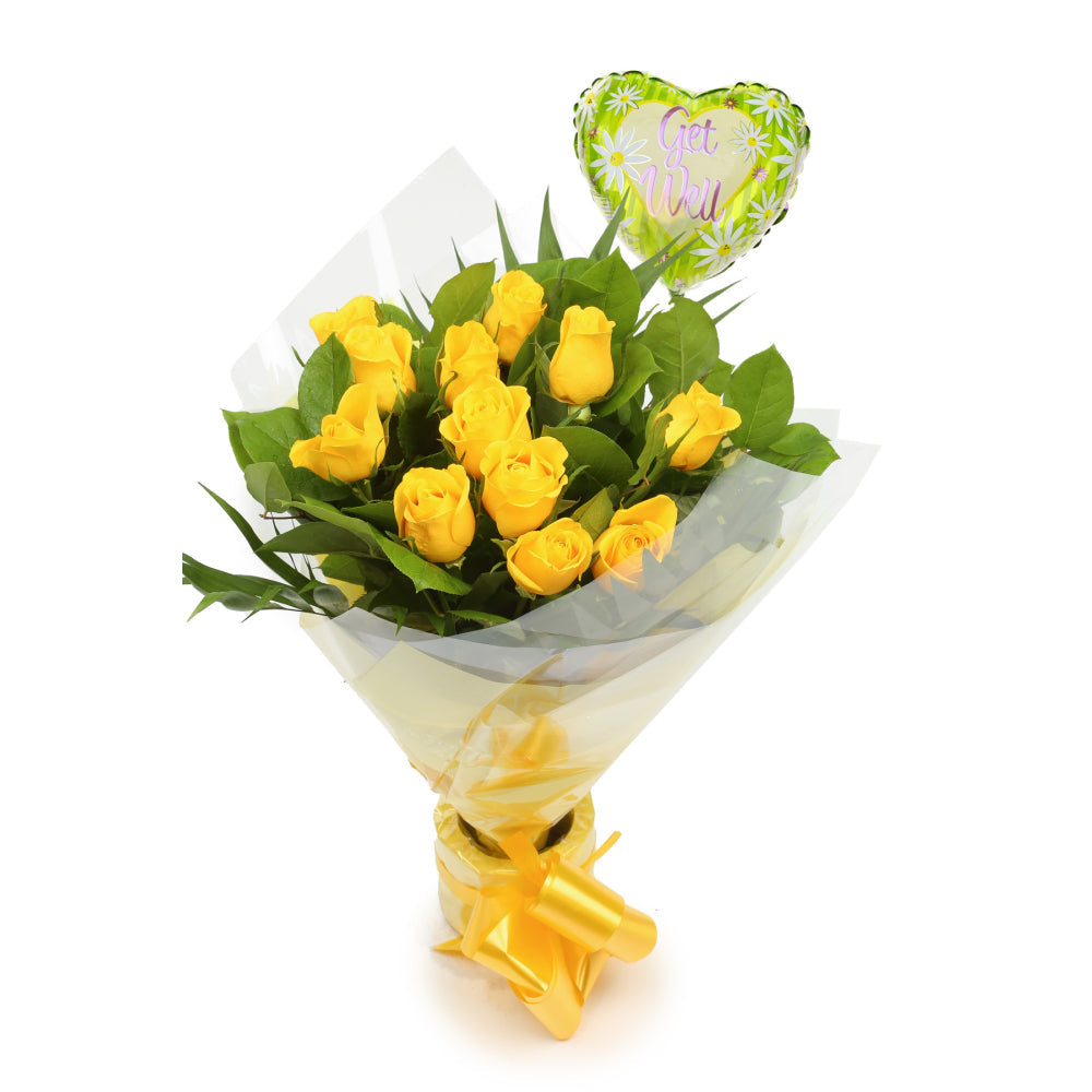 Get Well Balloon & 12 Yellow Roses£19.99