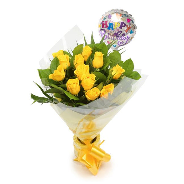 Birthday Balloon & 12 Yellow Roses Flowers£19.99