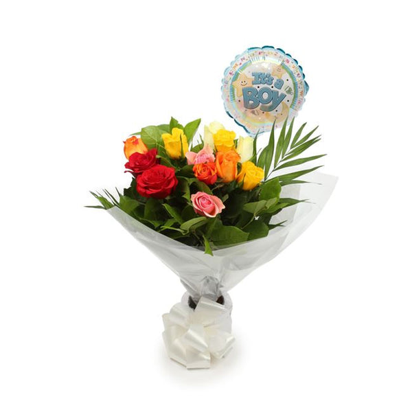 Its A Boy Balloon & 12 Multicolour Roses£19.99