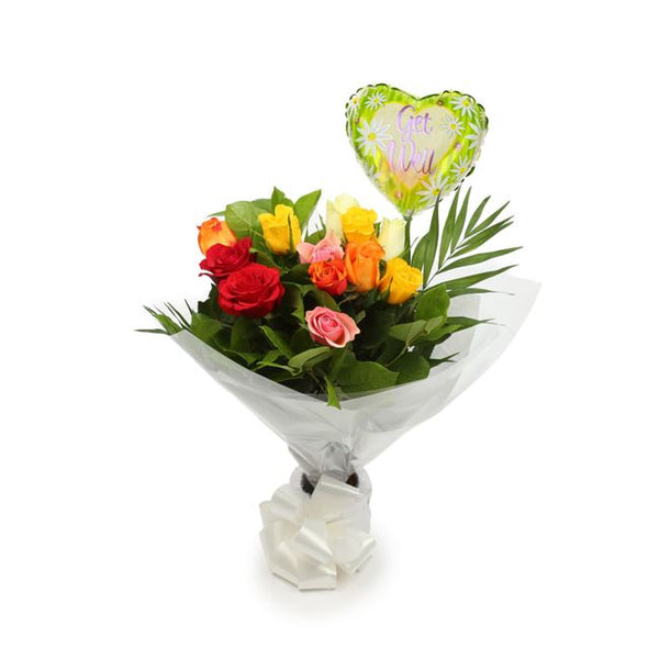 Get Well Balloon & 12 Multicolour Roses£19.99
