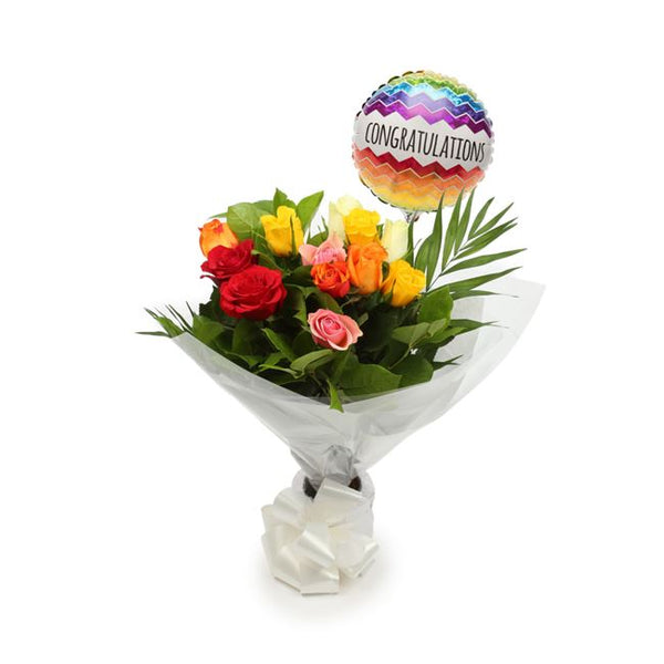 Congratulations Balloon & 12 Multicolour Roses£19.99