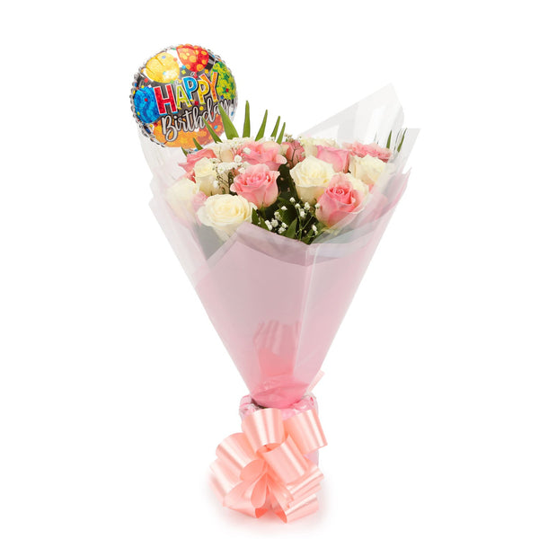 20 Sweet Pink & White Roses & Birthday Balloon£21.99